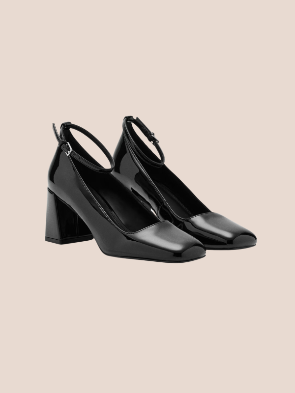 Ankle Strap High Heel Court Shoes for Women – Black Pointed Toe Formal & Office Heels.