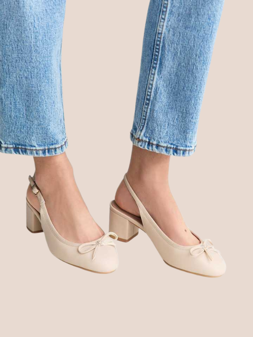 slingback ballerina pumps with bow detail and block heel for women.