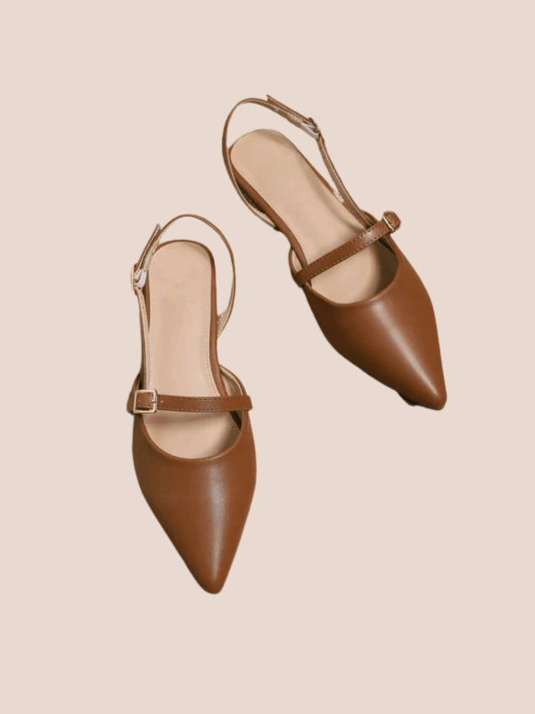 brown pointed toe slingback flats with adjustable buckle strap for women.