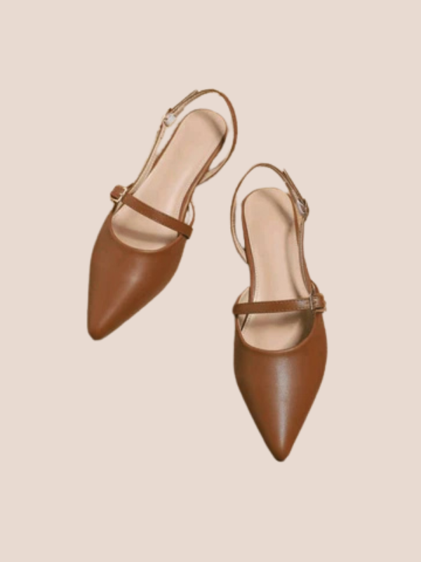 brown pointed toe slingback flats with adjustable buckle strap for women.