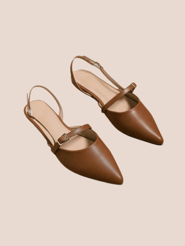 brown pointed toe slingback flats with adjustable buckle strap for women.