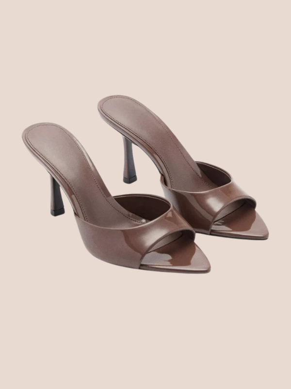 chocolate brown pointed toe slingback heels for women elegant multi strap formal shoes.