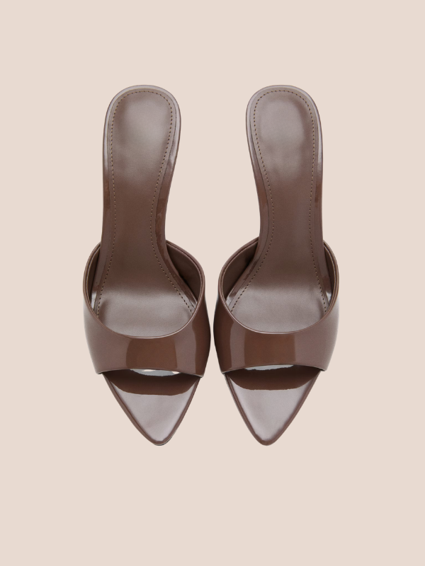 chocolate brown pointed toe slingback heels for women elegant multi strap formal shoes.