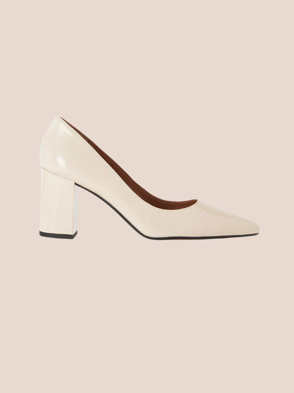 Ivory pointed toe block heels for women with a stylish cream finish.