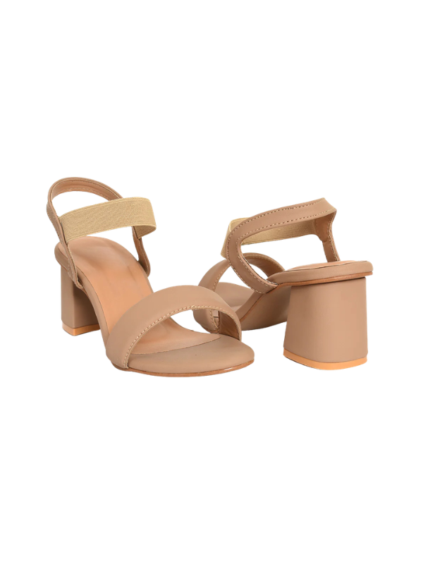 Beige Luxe Stride Elasti Block Heels for women featuring comfortable block heel and stretchy elastic ankle strap.