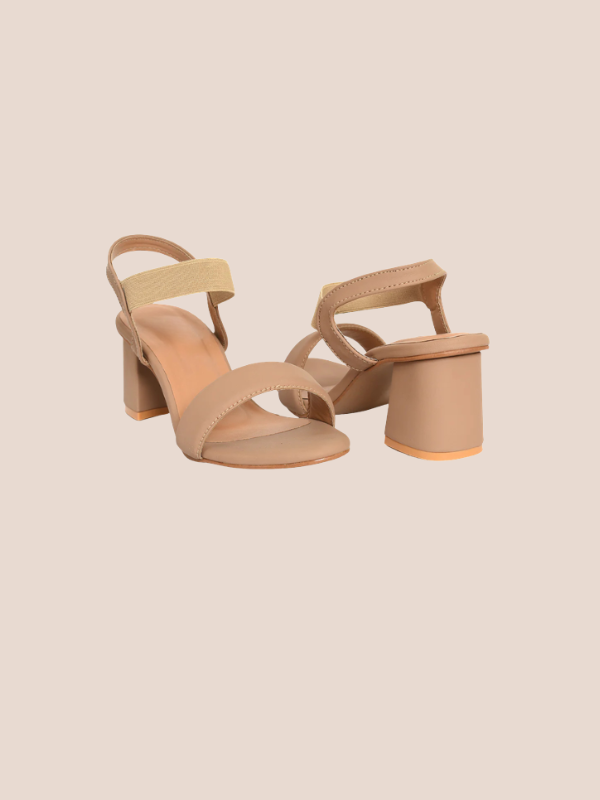 Beige Luxe Stride Elasti Block Heels for women featuring comfortable block heel and stretchy elastic ankle strap.