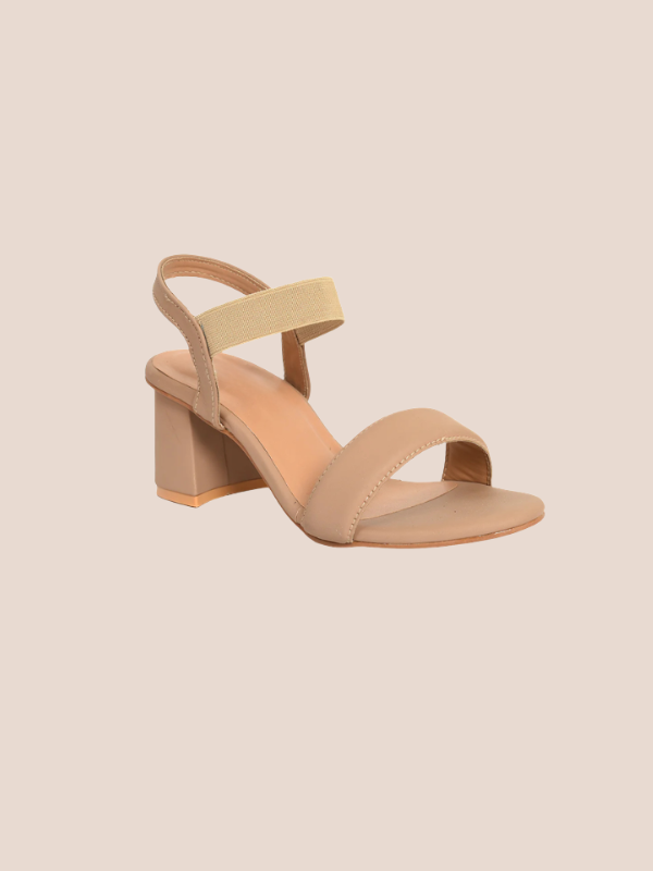 Beige Luxe Stride Elasti Block Heels for women featuring comfortable block heel and stretchy elastic ankle strap.