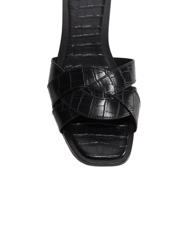Luxury black crocodile pattern cross strap flat slippers for women, square toe stylish slip-on sandals modern design.