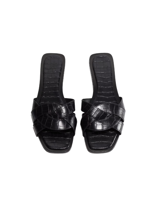 Luxury black crocodile pattern cross strap flat slippers for women, square toe stylish slip-on sandals modern design.