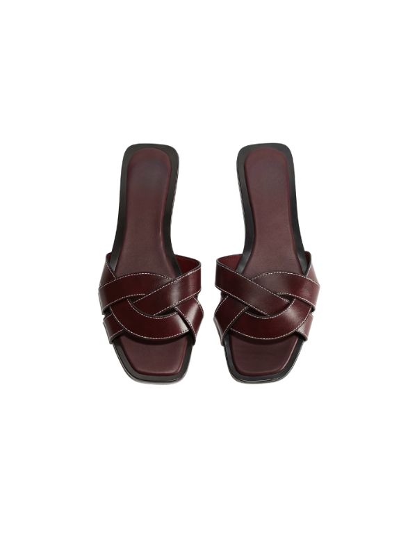 Luxury burgundy cross strap flat slippers for women, square toe elegant slip-on sandals for casual and trendy wear.