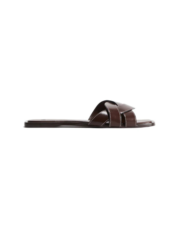 Luxury burgundy cross strap flat slippers for women, square toe elegant slip-on sandals for casual and trendy wear.