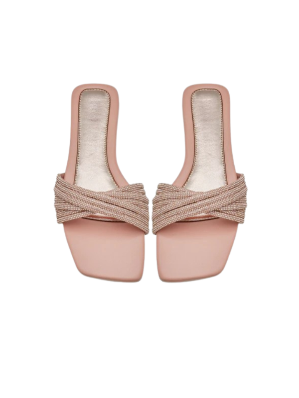 Noir Glimmer peach cross strap flats for women, crystal embellished square toe slip-on sandals with elegant and modern design.