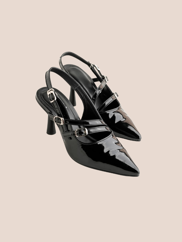 black patent slingback heels for women, pointed toe multi-strap buckle stylish noir stride heels.