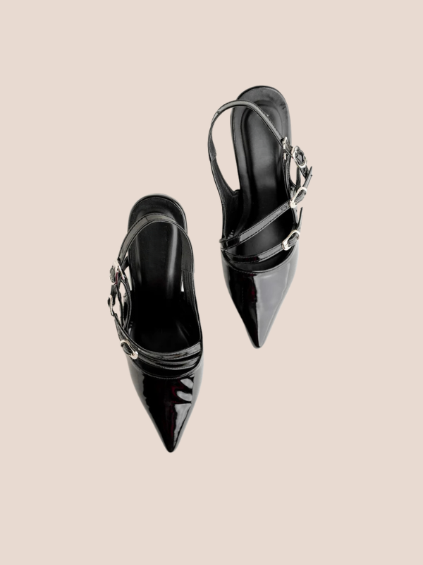 black patent slingback heels for women, pointed toe multi-strap buckle stylish noir stride heels.