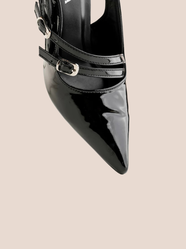 black patent slingback heels for women, pointed toe multi-strap buckle stylish noir stride heels.