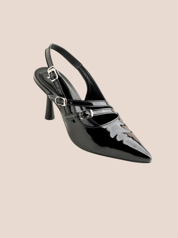 black patent slingback heels for women, pointed toe multi-strap buckle stylish noir stride heels.