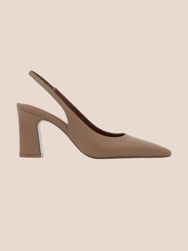 Nude brown pointed-toe slingback flats with a sleek slip-on design and open back strap.