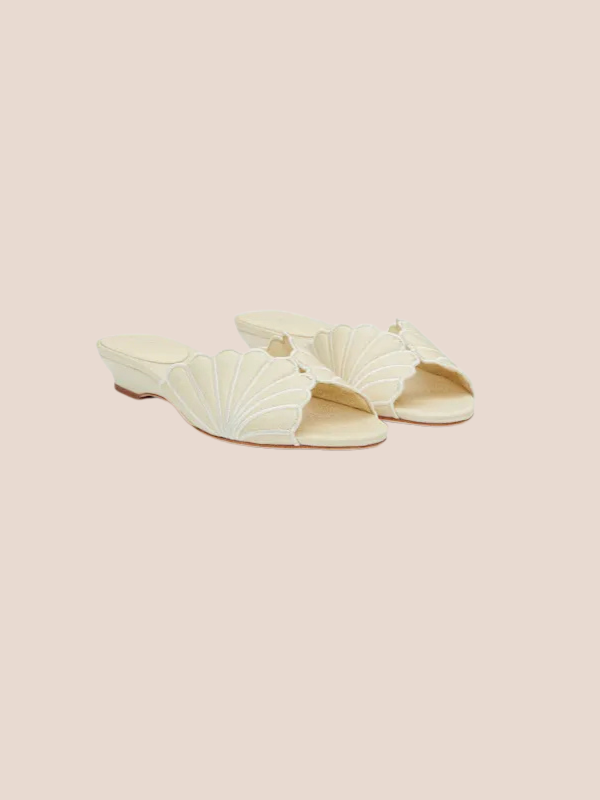 Petale Bloom cream flat mules for women with scalloped design, stylish slip-on sandals for everyday comfort and chic look