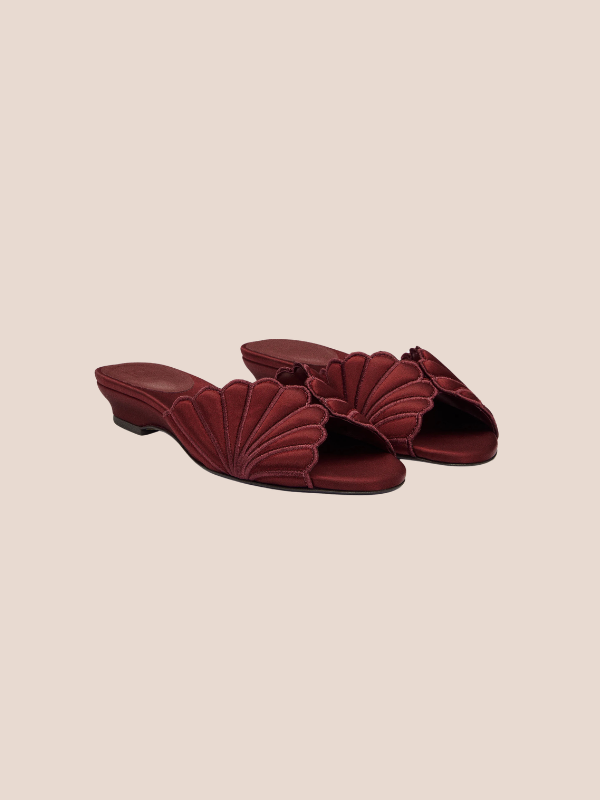 Petale Bloom scalloped flat mules in maroon for women, elegant slip-on sandals with stylish cut design for casual and formal wear.