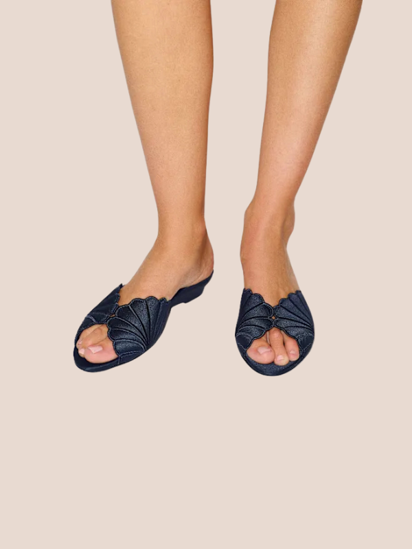 Petale Bloom scalloped flat mules in navy blue for women, elegant slip-on sandals with stylish cut design for casual and formal wear.