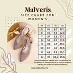 Malveris size chart for women's shoes with a pair of shoes on a beige background.