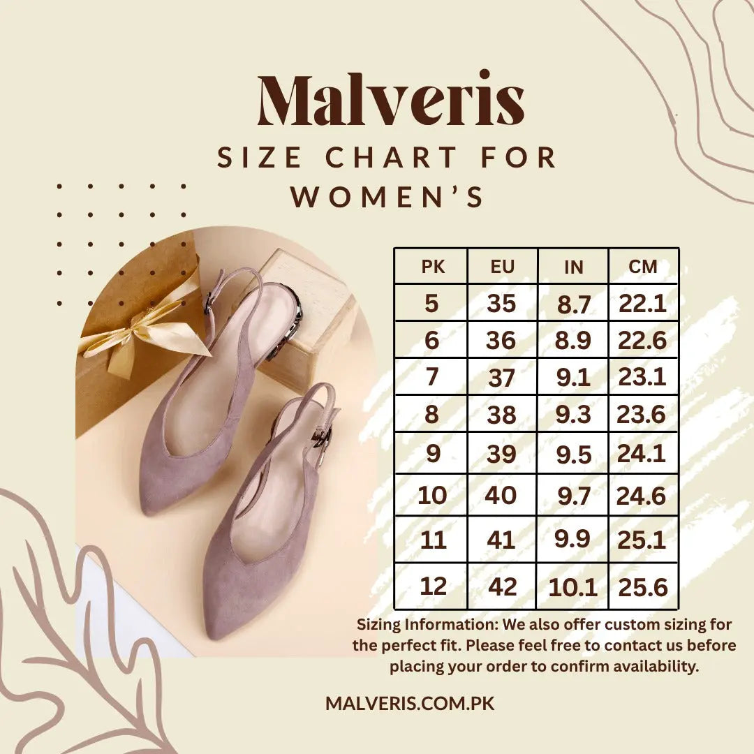 Malveris size chart for women's shoes with a pair of shoes on a beige background.