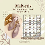 Malveris size chart for women's shoes with a pair of shoes on a beige background.