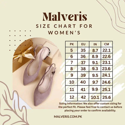 Malveris size chart for women's shoes with a pair of shoes on a beige background.