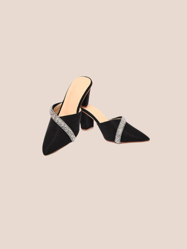 Veloura black crystal mule heels for women, pointed toe velvet slip-on block heels with luxury crystal embellishment.