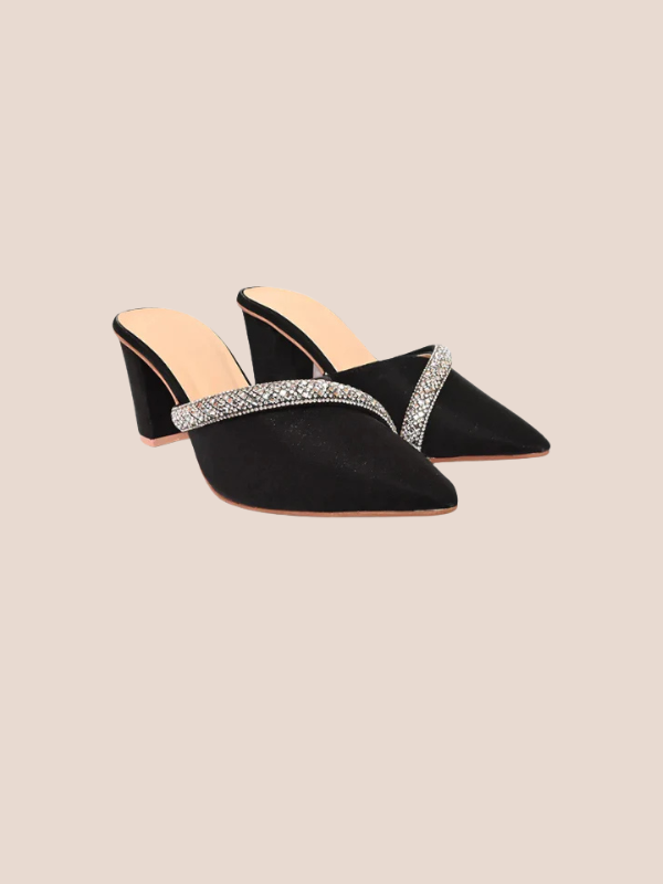Veloura black crystal mule heels for women, pointed toe velvet slip-on block heels with luxury crystal embellishment.
