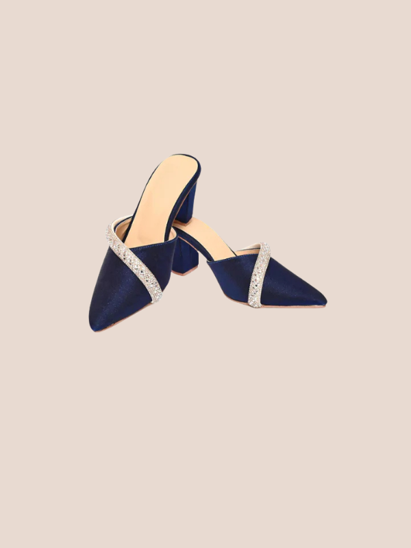 Veloura navy blue crystal mule heels for women, pointed toe velvet slip-on heels with elegant crystal strap design.
