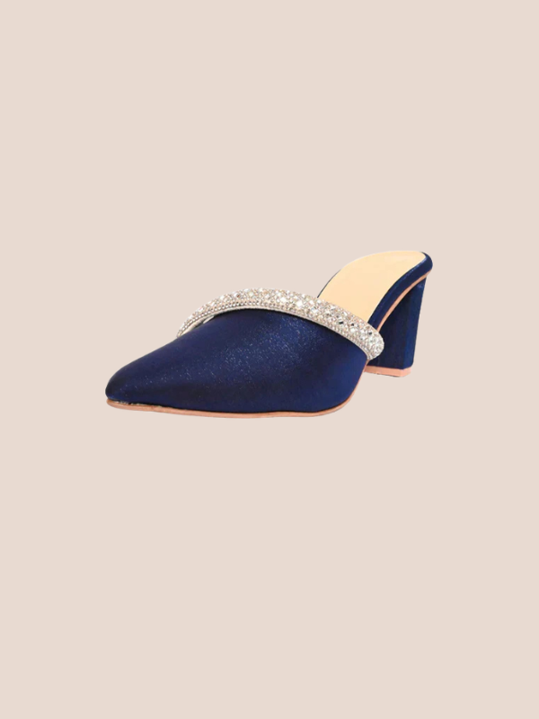 Veloura navy blue crystal mule heels for women, pointed toe velvet slip-on heels with elegant crystal strap design.
