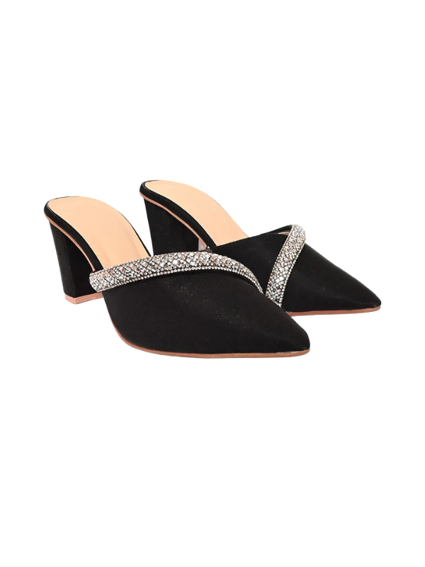 Veloura black crystal mule heels for women, pointed toe velvet slip-on block heels with luxury crystal embellishment.