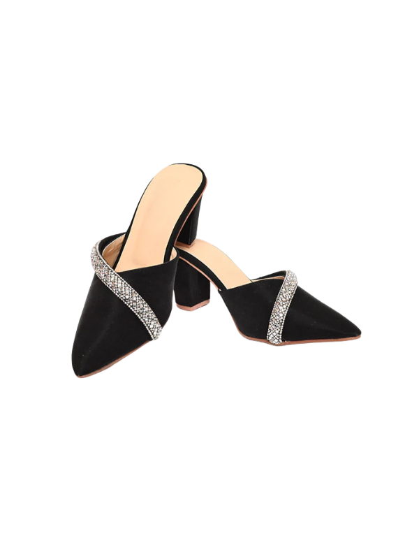 Veloura black crystal mule heels for women, pointed toe velvet slip-on block heels with luxury crystal embellishment.