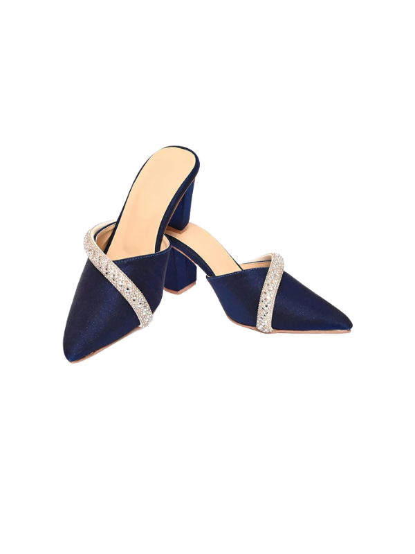Veloura navy blue crystal mule heels for women, pointed toe velvet slip-on heels with elegant crystal strap design.
