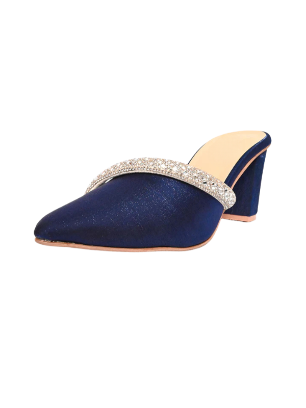 Veloura navy blue crystal mule heels for women, pointed toe velvet slip-on heels with elegant crystal strap design.
