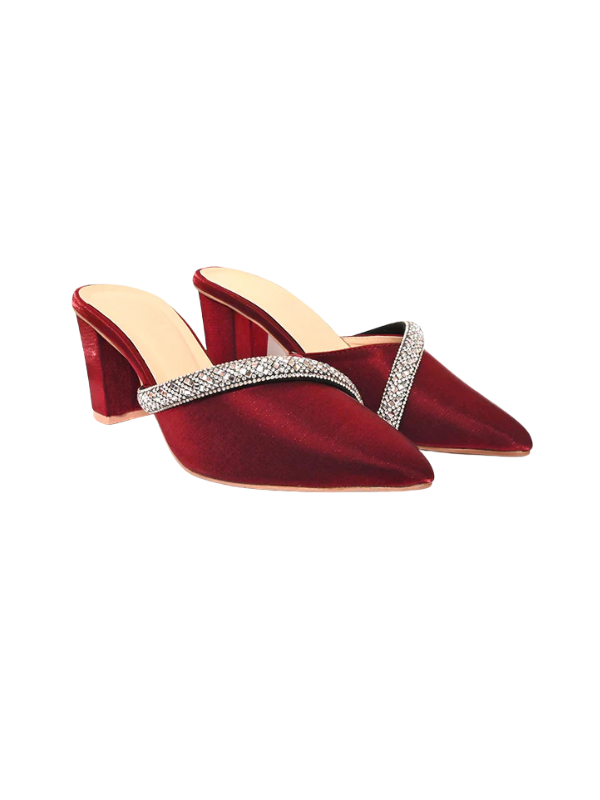 Veloura ruby red crystal mule heels for women with pointed toe, velvet slip-on block heels for party and formal wear.