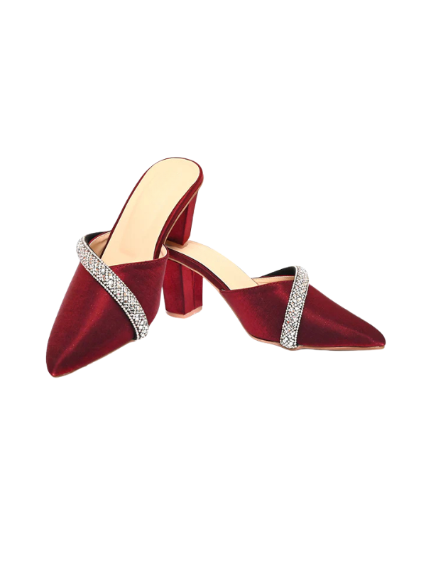 Veloura ruby red crystal mule heels for women with pointed toe, velvet slip-on block heels for party and formal wear.
