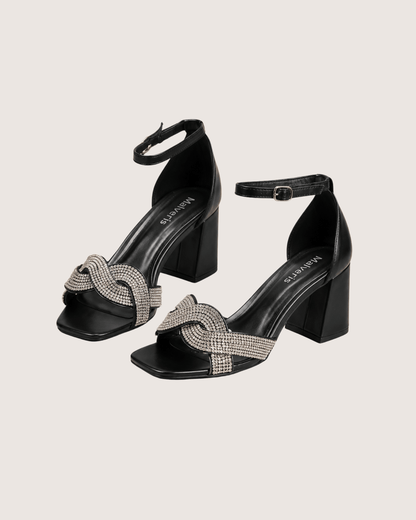 Lustra knot crystal heel sandals for women, luxury block heel with crystal embellished knot strap and ankle closure for formal occasions.