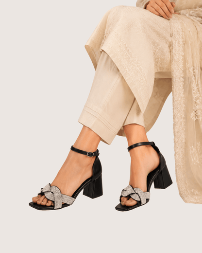 Lustra knot crystal heel sandals for women, luxury block heel with crystal embellished knot strap and ankle closure for formal occasions.