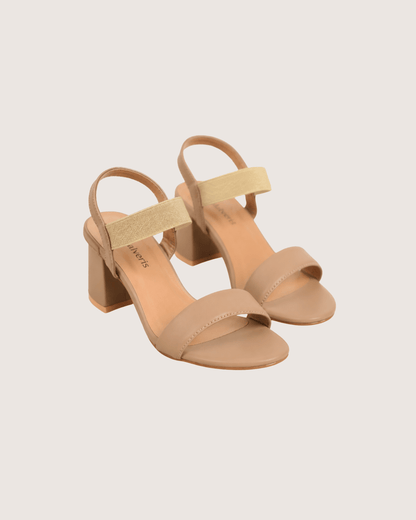 Beige Luxe Stride Elasti Block Heels for women featuring comfortable block heel and stretchy elastic ankle strap.