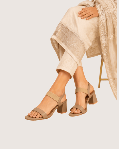 Beige Luxe Stride Elasti Block Heels for women featuring comfortable block heel and stretchy elastic ankle strap.