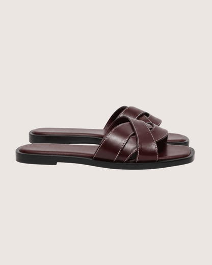 Luxury Cross Strap Flat Slippers Burgundy Malveris
