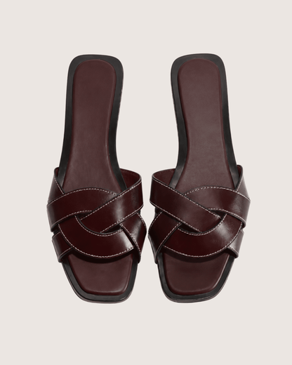 Luxury Cross Strap Flat Slippers Burgundy Malveris