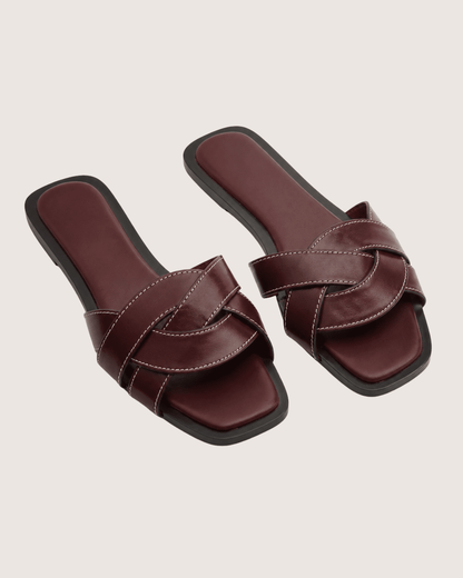 Luxury Cross Strap Flat Slippers Burgundy Malveris