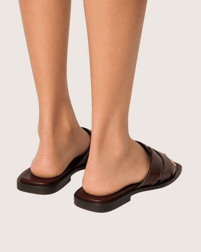 Luxury Cross Strap Flat Slippers Dark Brown Malveris