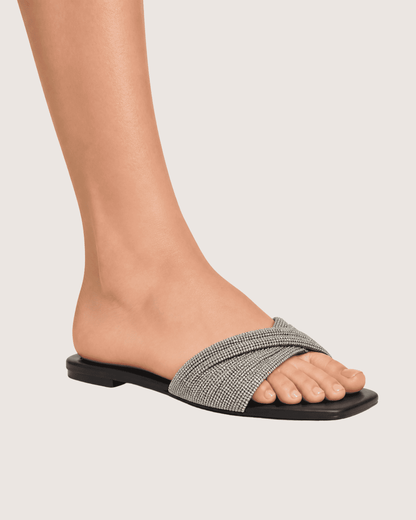 Noir Glimmer Cross Strap Flats (Black) Malveris