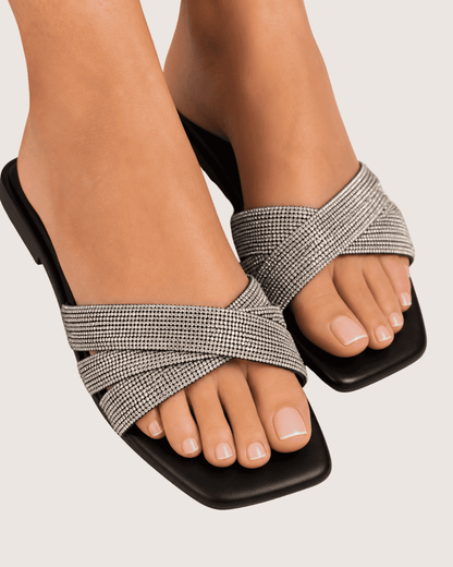 Noir Glimmer Cross Strap Flats (Black) Malveris