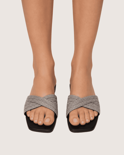 Noir Glimmer Cross Strap Flats (Black) Malveris