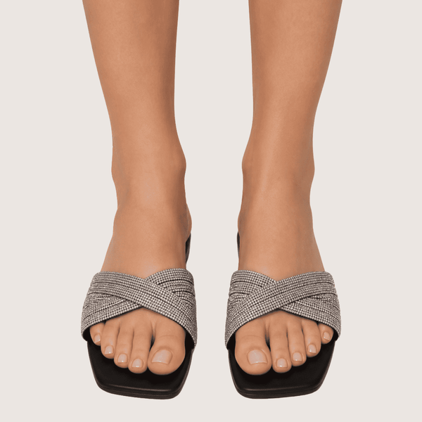 Noir Glimmer Cross Strap Flats (Black)